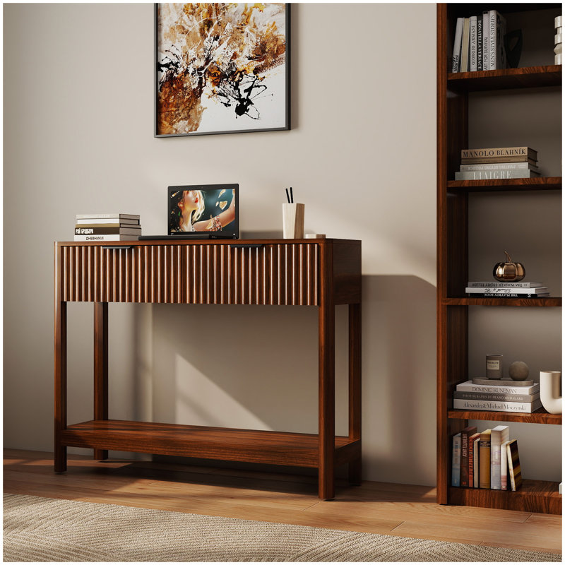 Console Mid-Century moderne cannelée avec 2 tiroirs et tablette ouverte, table d'entrée étroite à finition noyer, table de canapé mince pour le couloir, salon, petits espaces, assemblage facile