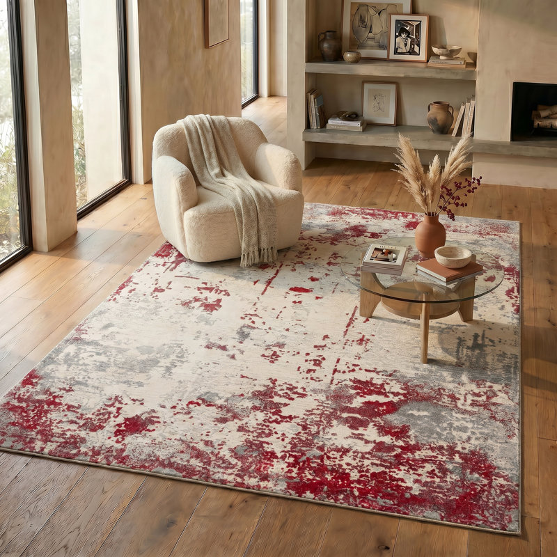 Tapis à motif abstrait rouge / gris 5 pi x 8 pi (5 pi 3 po x 7 pi 7 po) Sol Branch Branch Solenne