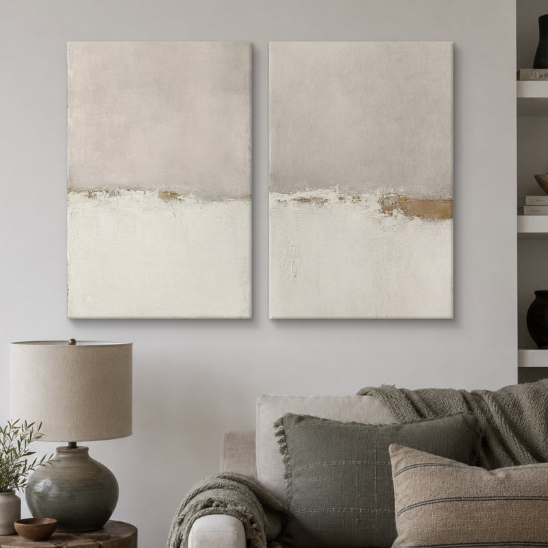Minimal Landscape "Beige Tan Grunge Abstract Modern Artwork, Simple Minimalist Neutral Wall Pictures, Framed Canvas Giclee Print 2 Pieces Wall Art"