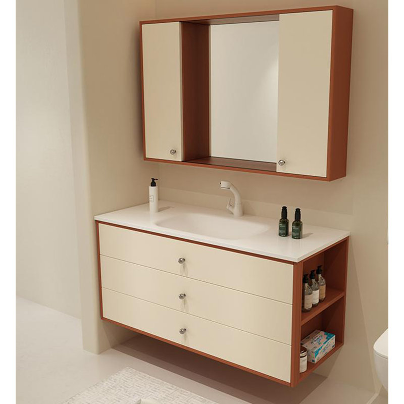 Meuble-lavabo mural en bois d'hévéa Mid-Century avec lavabo en céramique intégré