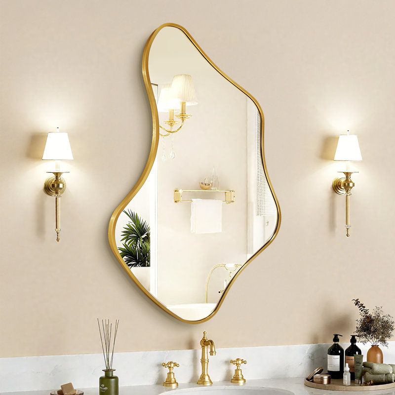 Miroir mural irrégulier en métal asymétrique
 Miroir décoratif pour salle de bain, Doré, 40 po x 24 po