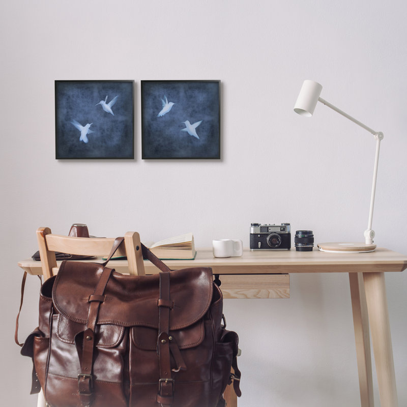 " Modern Blue Birds Flying Silhouettes " by Chris Donovan 2 - Pieces, Midnight Black Framed Giclee, 12" H x 12" W x 1.5" D