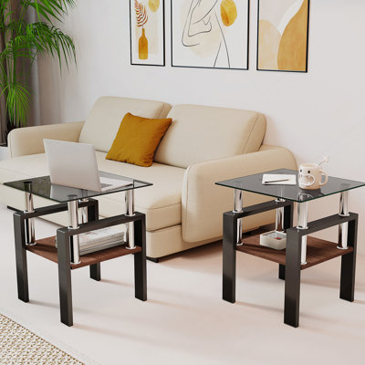 Ensemble de 2 tables à thé modernes en verre trempé, plateau en verre trempé avec panneau de fibres à densité moyenne, table basse, table de bout, table carrée pour le salon, gris / noir