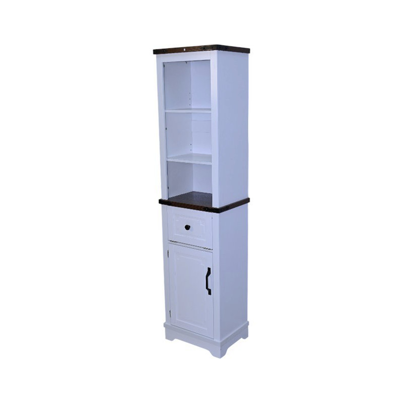 Narrow Cabinet,Bathroom Storage Cabinet, Farmhouse Storage Cabinet With Adjustable Shelves & Storage Drawer, Tall Linen Tower For Bathroom, Living Room, White With Black Walnut Color (Top)