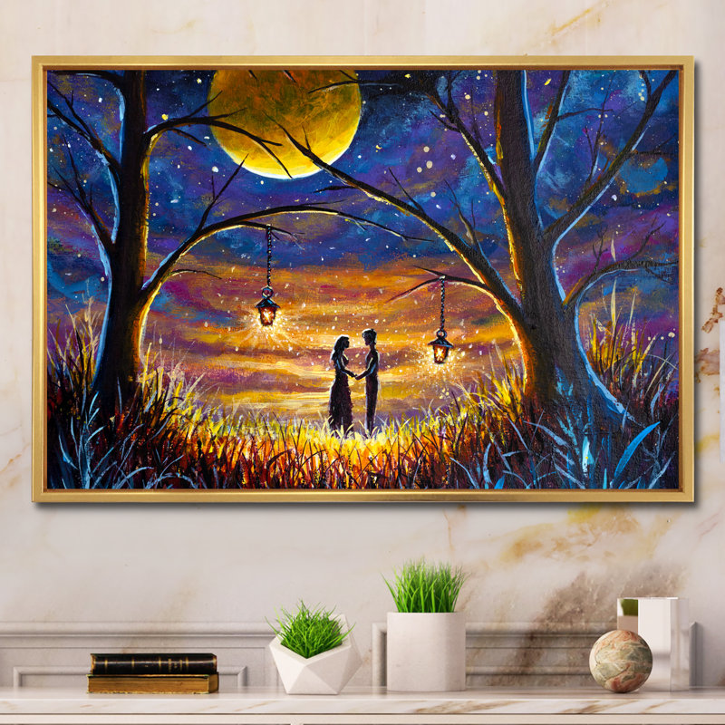 «Romantic Lovers Under Mystical Full Moon», reproduction sur toile flottante, H 24 po x l 36 po x P 1 po, Cadre flottant doré