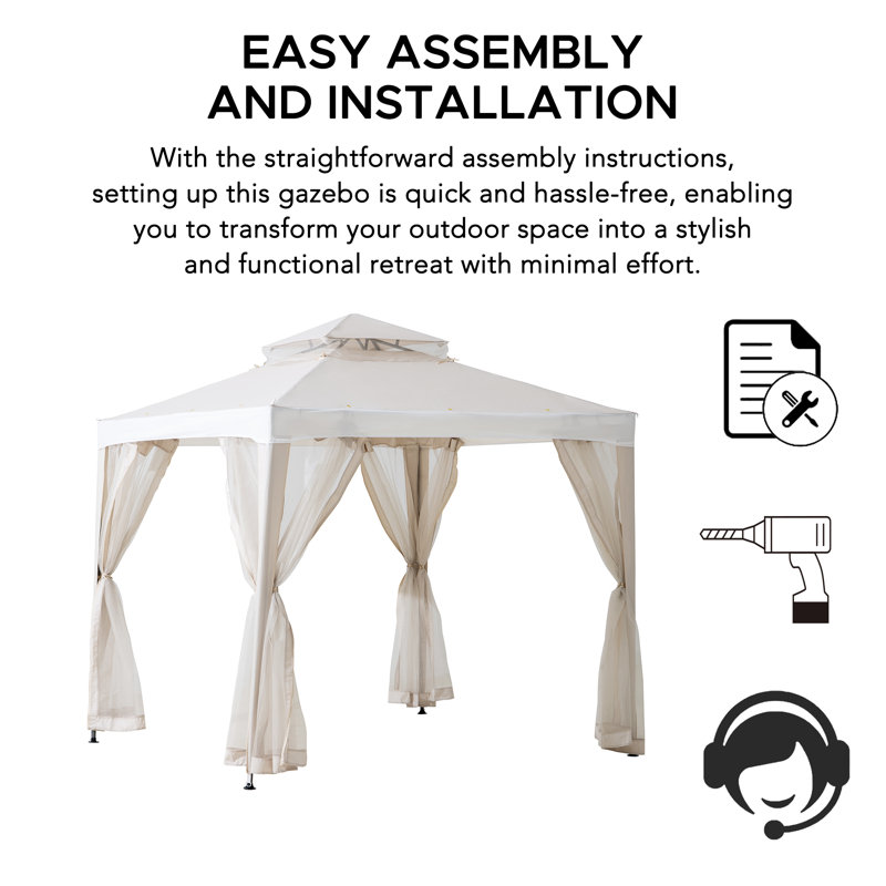 Sunjoy Soft Top Gazebo, Outdoor Patio Backyard Modern 2-Tier Steel Frame Gazebo with Mesh Netting, Beige/White, 8 ft. x 8 ft.