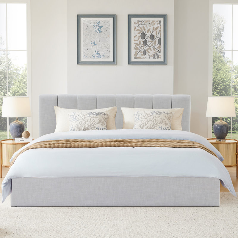 Delmar Upholstered Platform Bed, King, Effie Gray Performance Linen