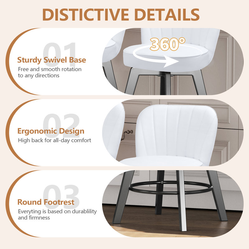 MINCETA 360° Swivel Bar Stools Set of 2, 26 Inch Counter Height Bar Stool with Shell Backrest, PU Leather Upholstered Bar Chair with with Footrest, for Kitchen Island, Home Bar, White