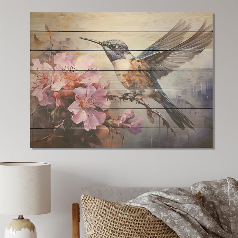 Colibri gris en vol II - imprimé colibri sur bois, H 24 po x l 32 po x P 0,78 po