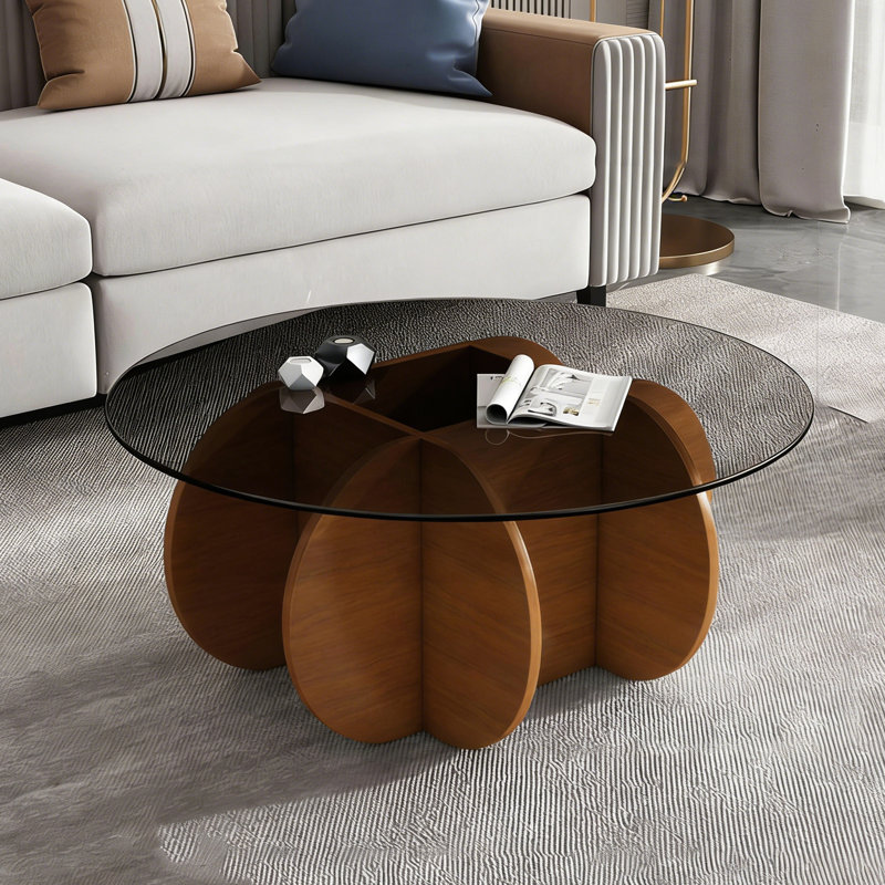 Table basse ronde moderne pour le salon, centre de table Mid-Century avec plateau en verre trempé et base en bois de noyer