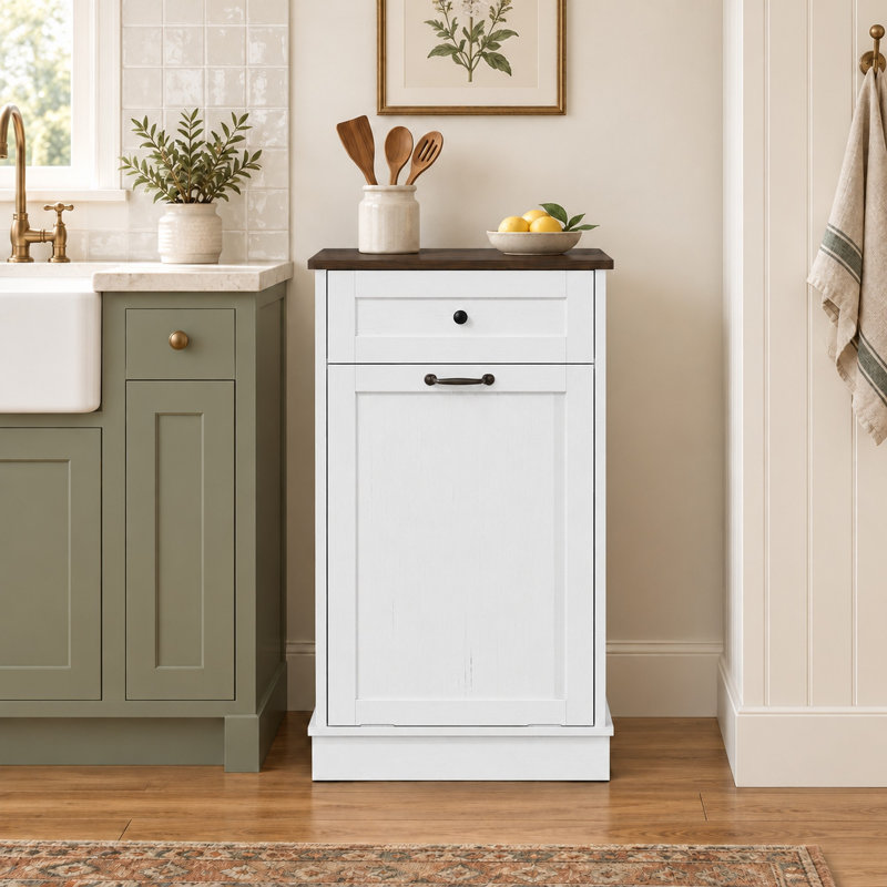 Armoire à poubelle basculante de 49 litres (13 gallons), poubelle dissimulée en bois, résistante aux animaux, pour cuisine ou salon - Blanche