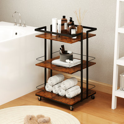 Chariot de salon multi-niveaux à motif de bois brûlé avec roues universelles, adapté à la coiffure