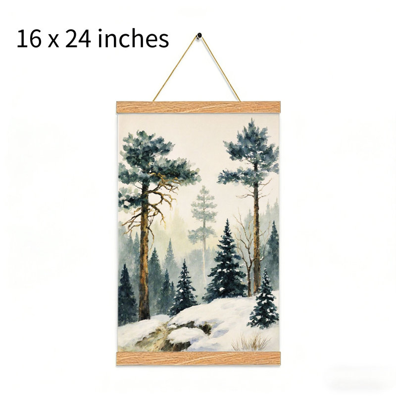 «Twin Pines In Snow», suspension suspendue, art mural, 16 x 24, cintre en bois intégré
