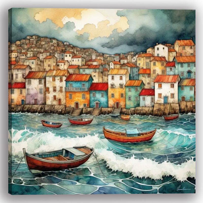 Paysage côtier avec maisons colorées et bateaux sur toile tendue, H 12 po x l 12 po x P 1 po