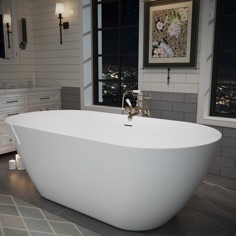Baignoire en acrylique blanc brillant de 63 po, autoportante pour spa de salle de bain, avec système de colmatage et forme de berceau avec drainage double isolation