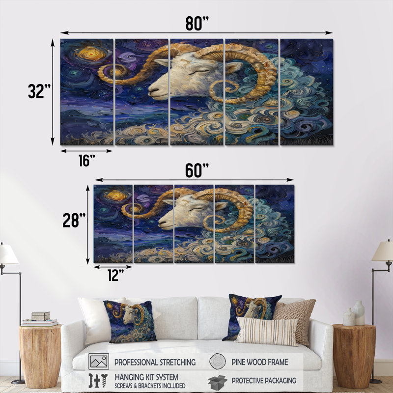 Ensemble de salon art mural bleu astrologie Capricorne II, H 32 po x l 80 po