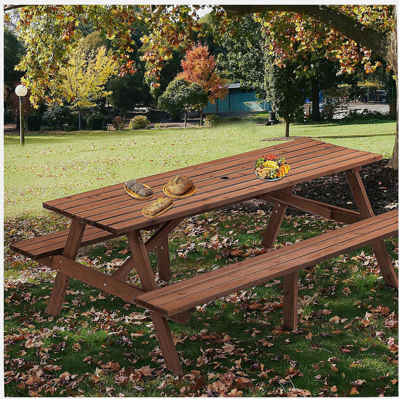 8 Person Brown Wooden Picnic Table, Outdoor Camping Dining Table with 2 Seats, Garden, DIY with 2 Built-in Benches, 2220lb Capacity