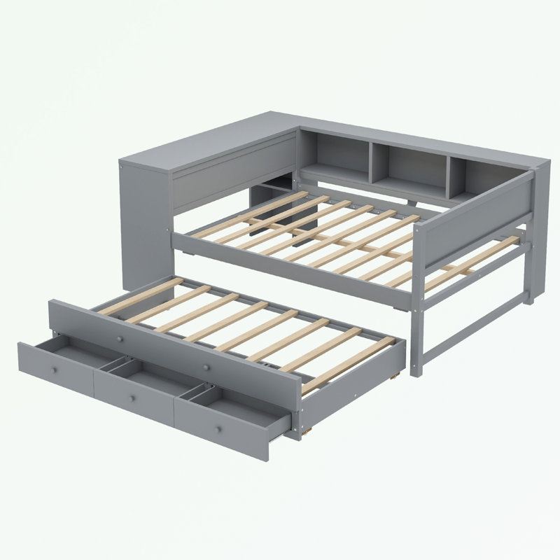Full Size Daybed with Trundle, Storage Drawers and Side Shelves, Gray, Full/Double