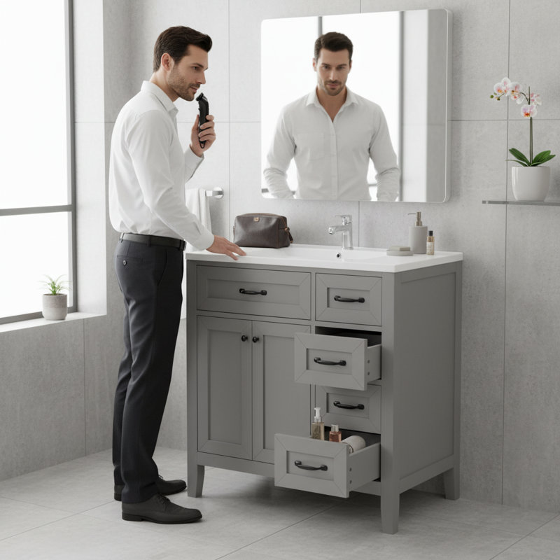 Ensemble de meuble-lavabo gris 36 po avec lavabo, structure en bois massif avec tiroirs, fabrication en MDF durable
