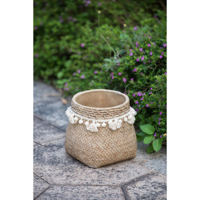 6.5X6.5X6 Inches Of 2 Brown Cement Planters, Woven Tassel Design, Cream Brown, Complement Motifs Planters With Tassel, 2, Tassels Offset Spaces