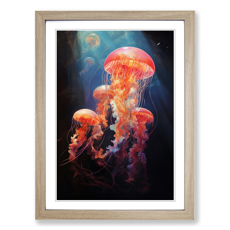 Jellyfish Classicism - Single Picture Frame Print on Wood, 64cm H x 46cm W x 2cm D, Oak Framed