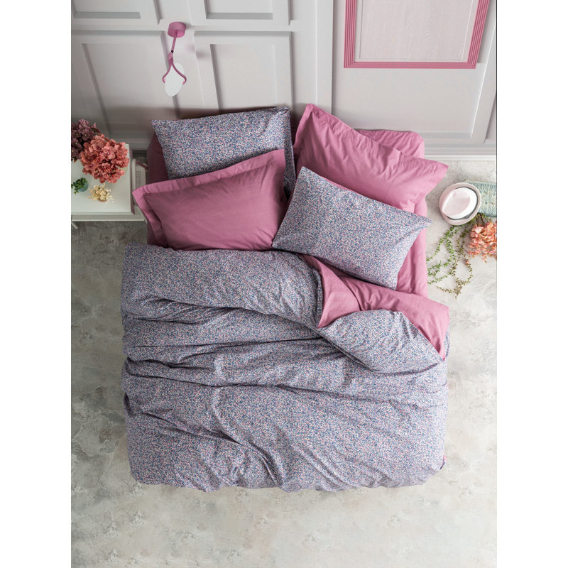 Elegant Ranforce Double Quilt Cover Set, Dusty Rose & Purple, 79 x 87 inches | 100% Cotton, 145 Thread Count, Machine Washable, Button Closure Duvet & Envelope Pillowcase (2 Pieces) | Soft & Luxurious Bedding