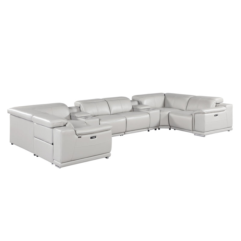 Ismeta 8 Piece 2 Power Recliner Top Grain Italian Leather Sectional, Light Gray Genuine Leather