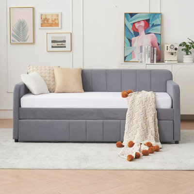 Velvet Upholstered Daybed Frame with Trundle for Bedroom Living Room Guest Room