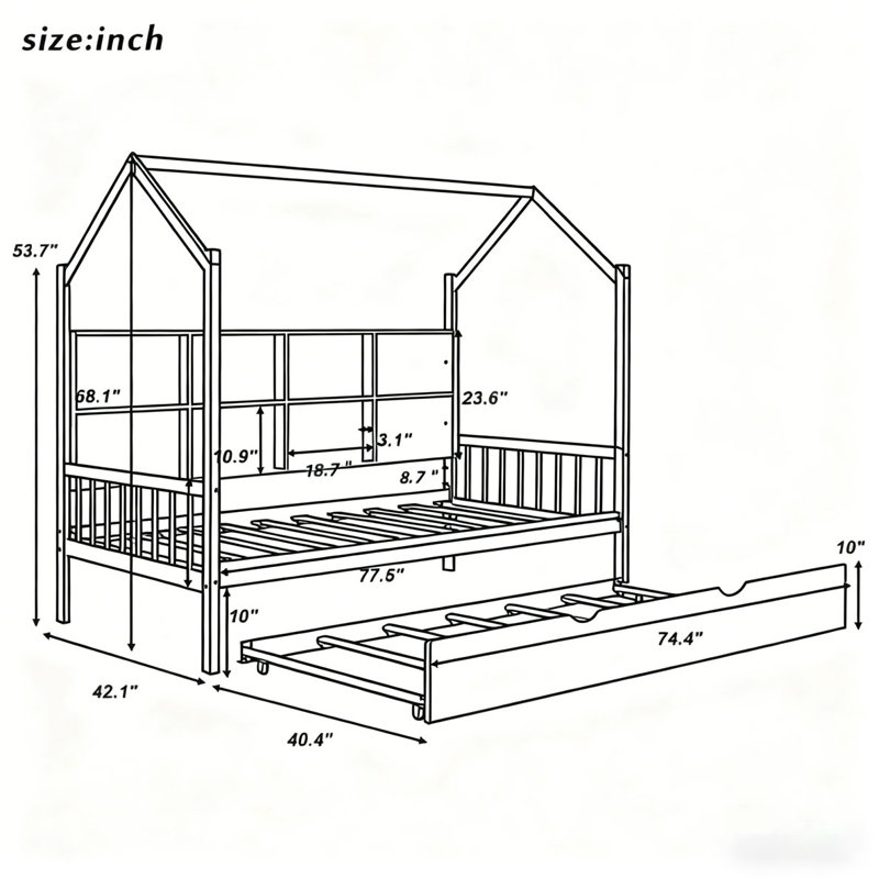 House Bed with Trundle,Kids Bed with Shelf, Twin