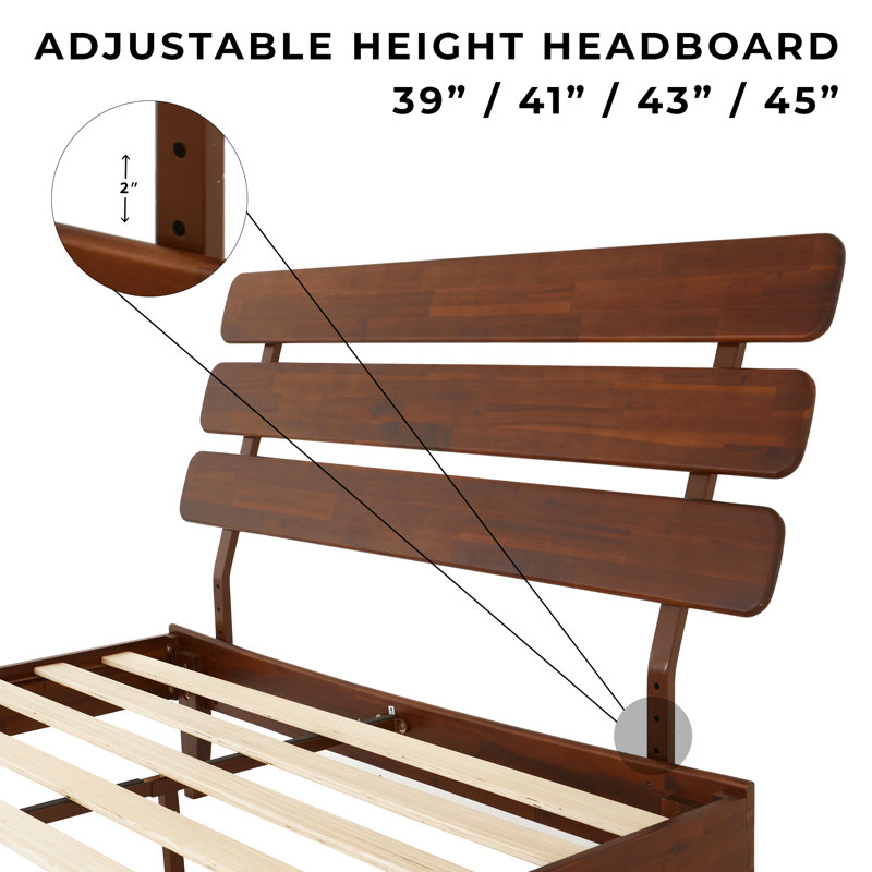 Lit plateforme en bois massif avec tête de lit ajustable Caden, style Mid-Century moderne, Grand, Chocolat noir