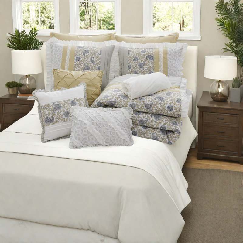 Ensembles de literie élégants en percale de coton, style maison de campagne jaune pour très grand lit