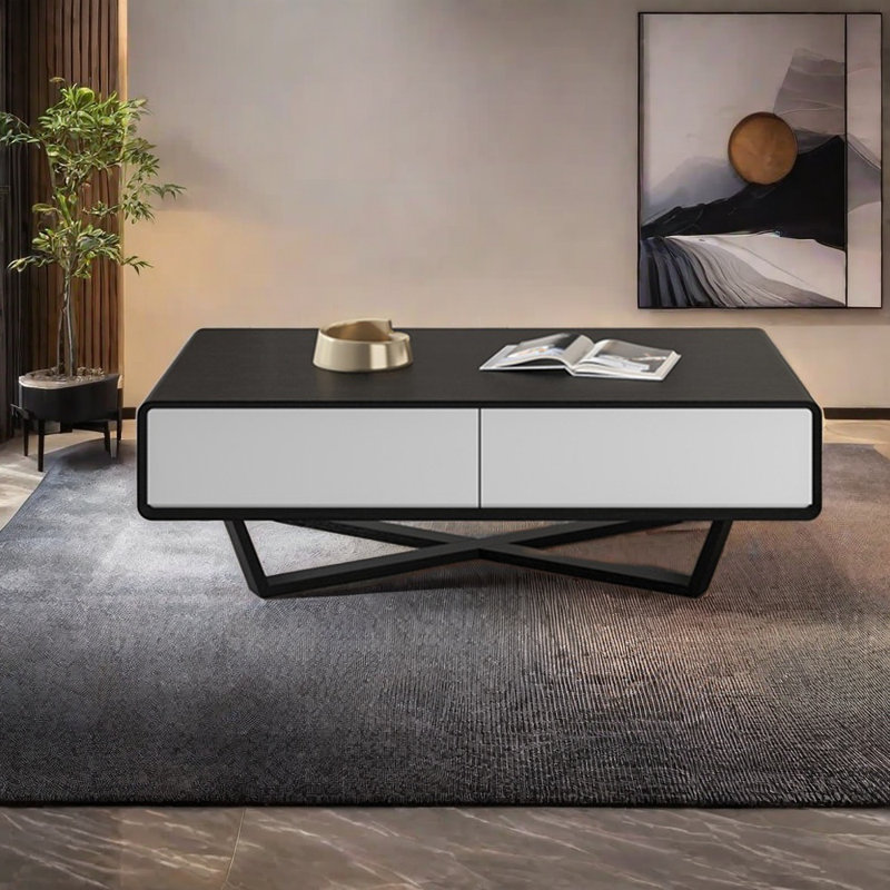 Une table basse d'angle à quatre tiroirs minimaliste, H 15,74 po x L 47,24 po x l 23,62 po, Noir / blanc
