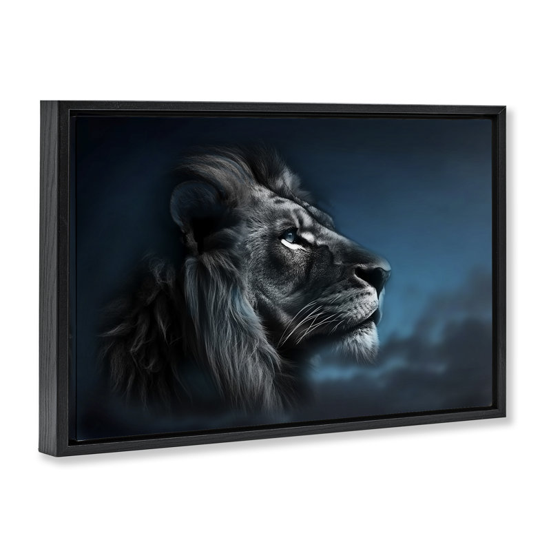 Toile flottante encadrée Intense Gazing Lion par CAD Designs, Cadre flottant noir de jais, H 21 po x l 31 po