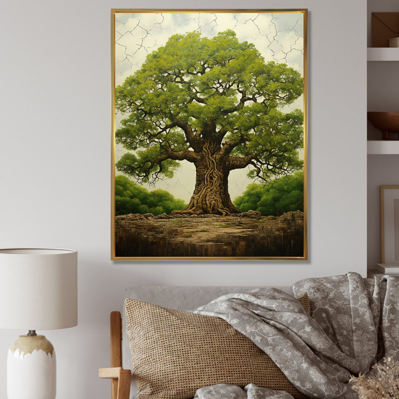 Arbre vert africain majestueux - art mural africain, Cadre flottant doré, H 44 po x l 34 po x P 1,5 po