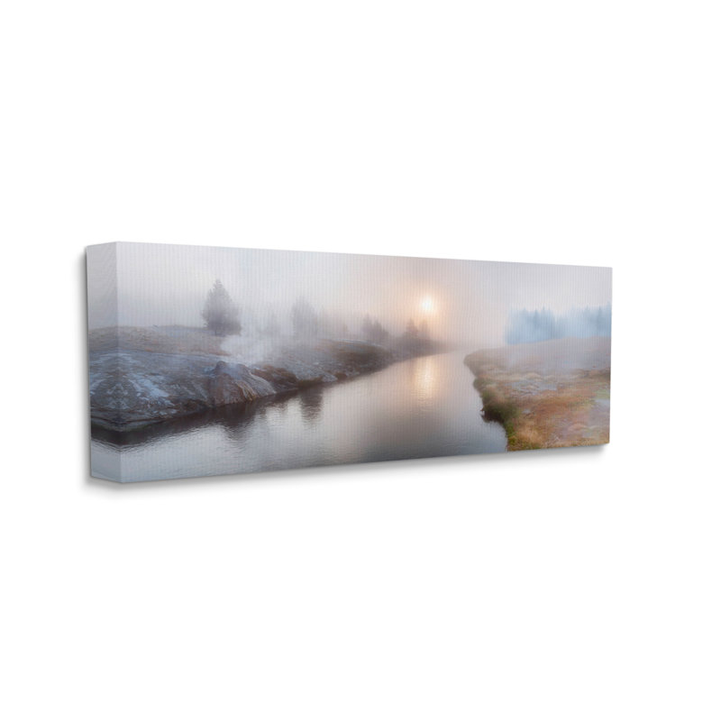 Foggy River at Dawn White Framed Canvas Print, 30 x 13