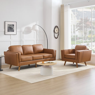 Mid-Century Modern 2-Piece Living Room Sofa Set, Includes  3-Seater Couch & Armchair, Tapered Wood Legs