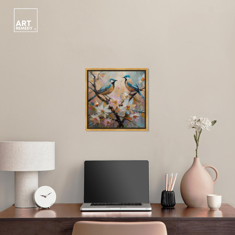 Gold Framed Abstract Floral and Bird Canvas Print, 40" x 40"