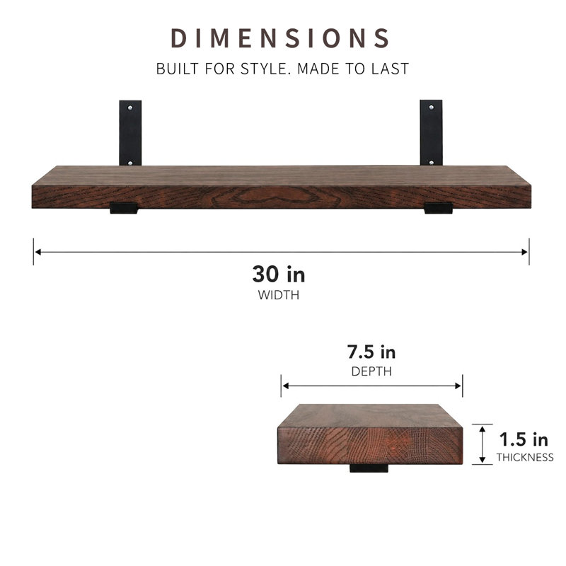 Tablettes flottantes, bois franc massif cultivé aux États-Unis, H 1,5 po x l 30 po x P 7,5 po, Bois brun foncé