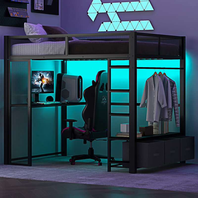 Metal Gaming Loft Bed With LED, Black