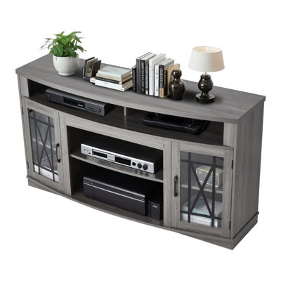 Meuble télé pour téléviseur de 65 po ou moins, centre de divertissement de style maison de campagne avec bande lumineuse, rangement pour meuble télé en bois avec portes en verre et tablettes réglables, console pour salon, chambre à coucher, gris
