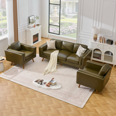 Mid-Century Modern 3-Piece Living Room Sofa Set, Includes  3-Seater Couch & 2 Armchairs, Tapered Wood Legs