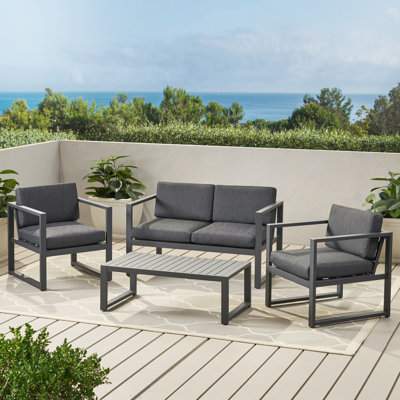  Ensemble de 4 meubles de patio avec causeuse, 2 chaises confortables et une table basse élégante, structure en aluminium durable gris foncé avec coussins moelleux pour l'extérieur