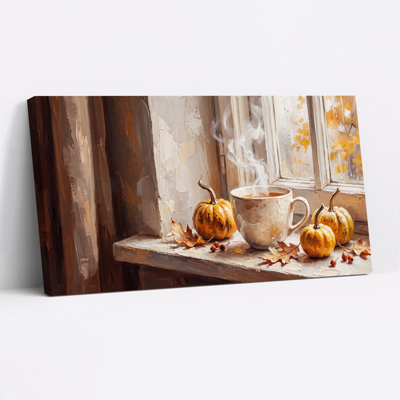 Toile murale d'Halloween représentant une tasse de café fumante et des citrouilles sur le rebord d'une fenêtre, 32“W x 16”H