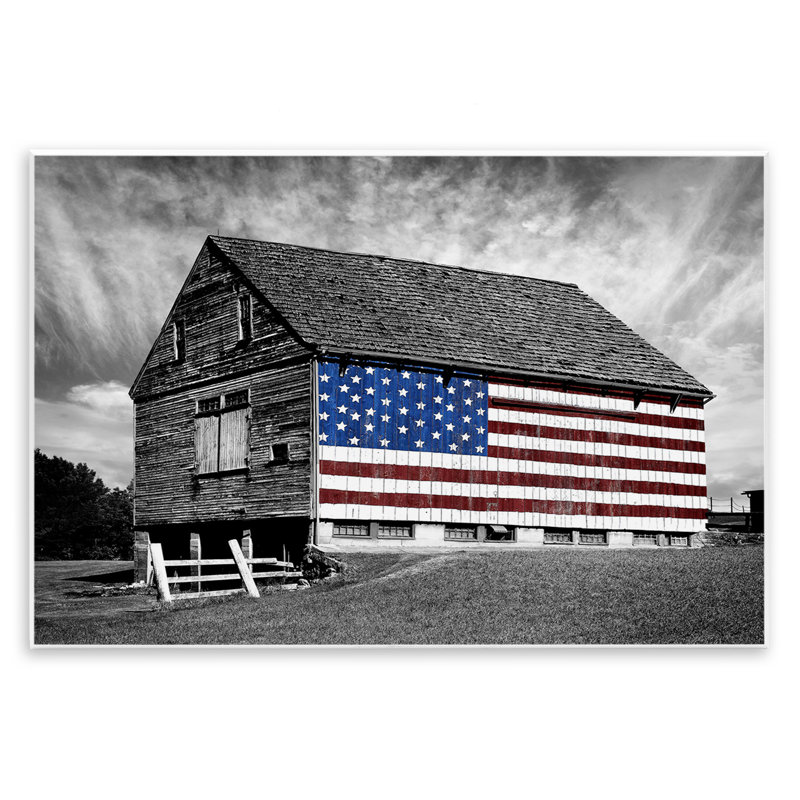 «Black and White Farmhouse Barn American Flag» par James McLoughlin - impression d'art graphique, H 13 po x l 19 po