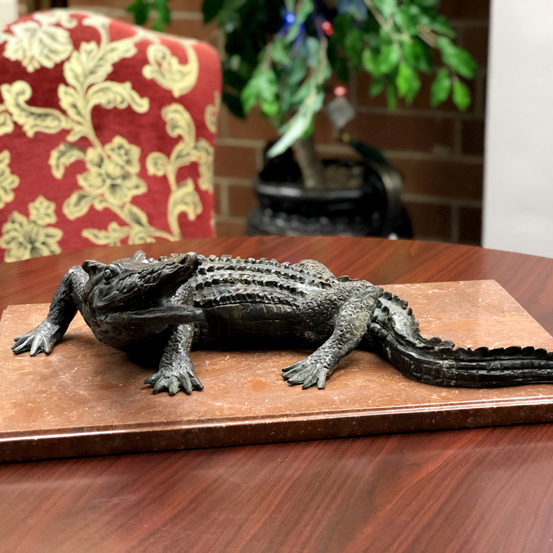 Bronze Alligator on Marble Base Sculpture