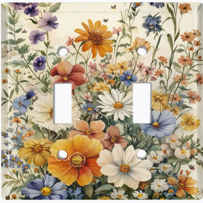 Couvercle de plaque d'interrupteur en métal; Bascule de taille standard US 2 bandes - champ de fleurs sauvages rétro