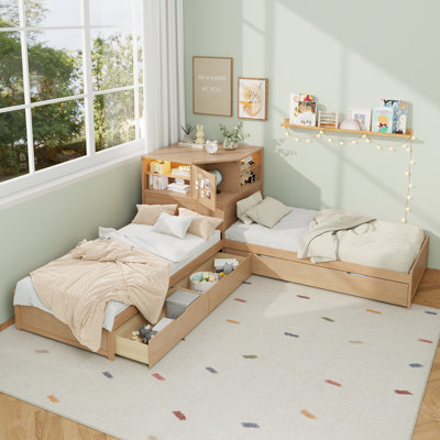 L-Shaped Combination Bed with Trundle and Drawer, 3-in-1 Low Corner Platform Bed Linked with Built-in Desk and LED Downlight