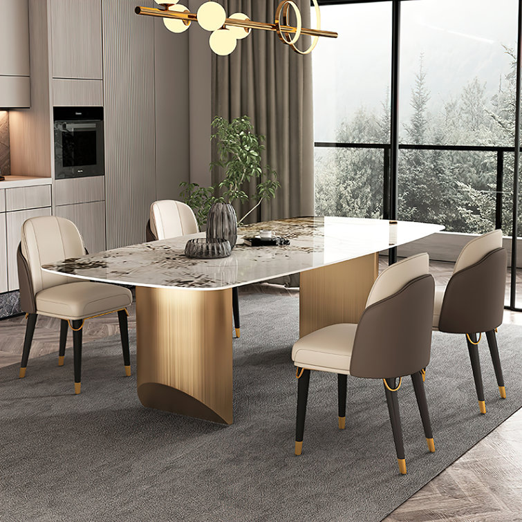 Dashona White Rectangular Sintered Stone Dining Table with Double Pedestals