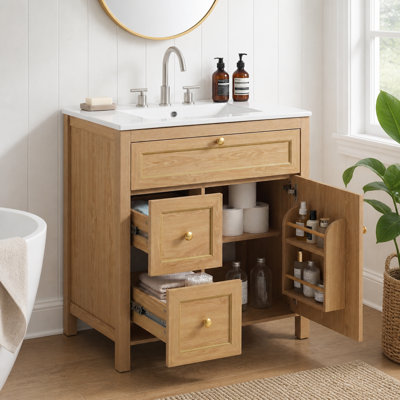 Meuble-lavabo de 30 po avec lavabo, meuble-lavabo autoportant en bois avec tiroir rabattable, 2 tiroirs à fermeture en douceur et 1 porte à fermeture en douceur, fabrication en bois massif et en bois aggloméré, poignées décoratives dorées élégantes