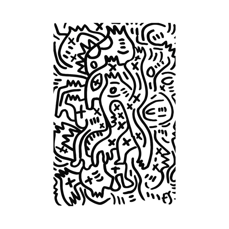 Créatures de graffiti noires et blanches - Toile tendue, H 12 po x l 8 po x P 0,75 po